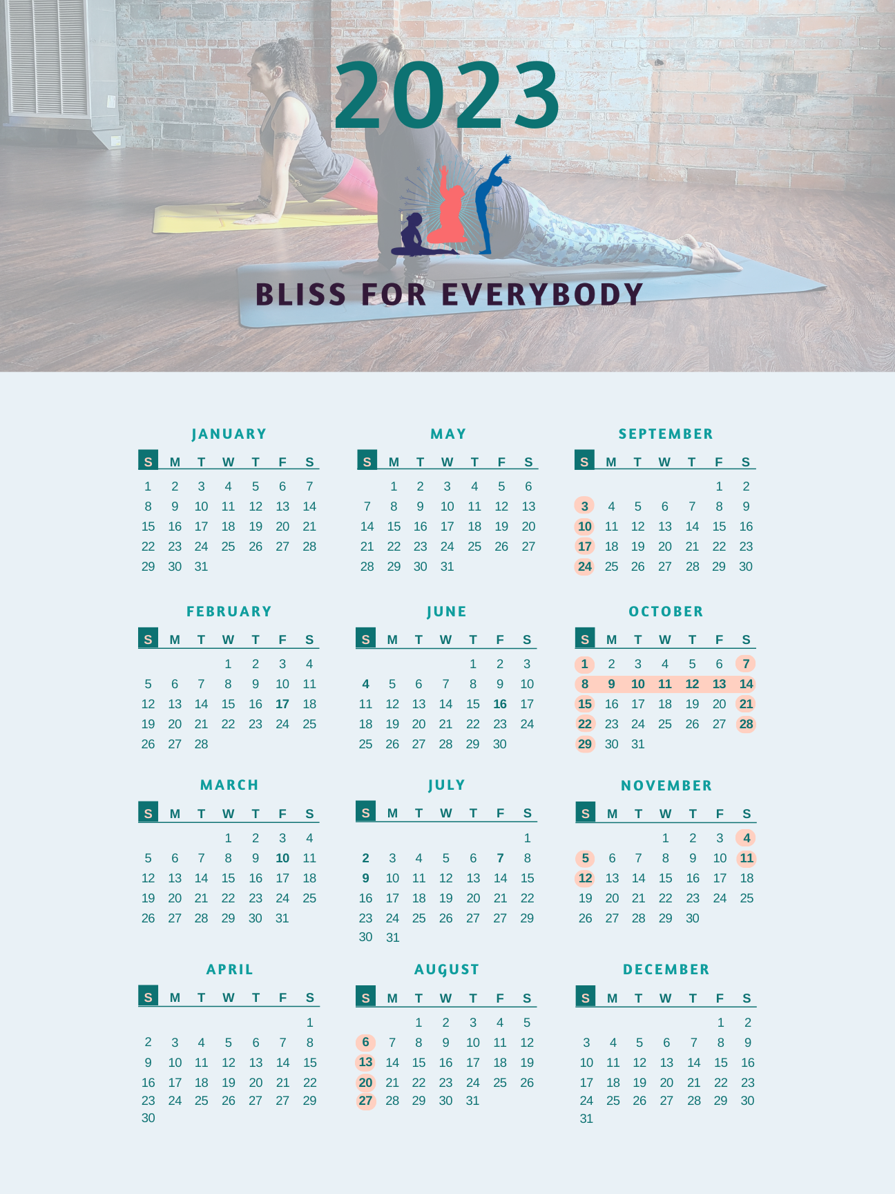 Bliss For EveryBody Yoga Teacher Training Calendar 2023